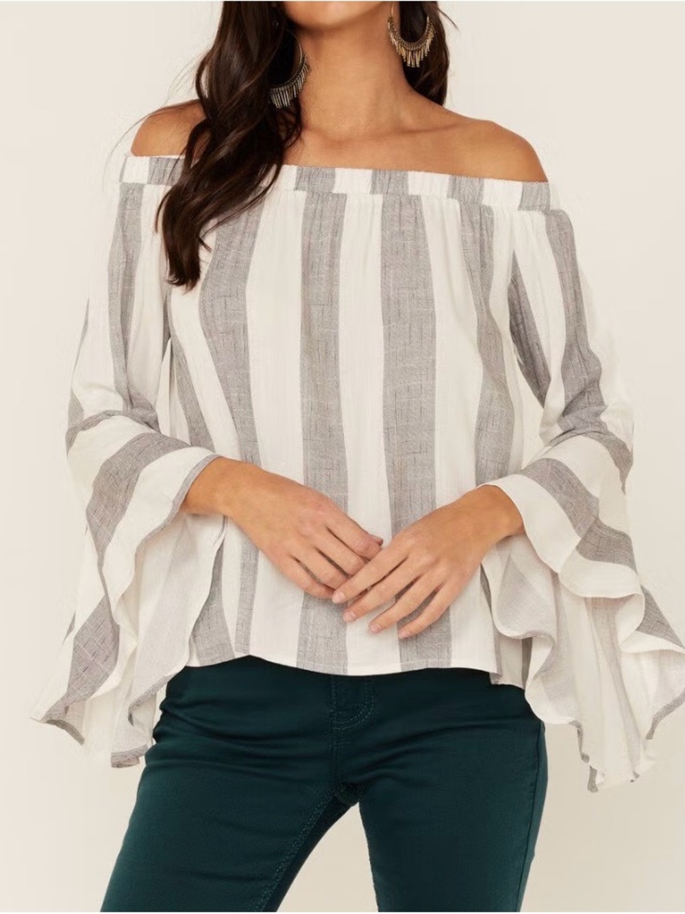 Shyanne Off-Shoulder Stripe Ruffle Sleeve Top - White & Gray